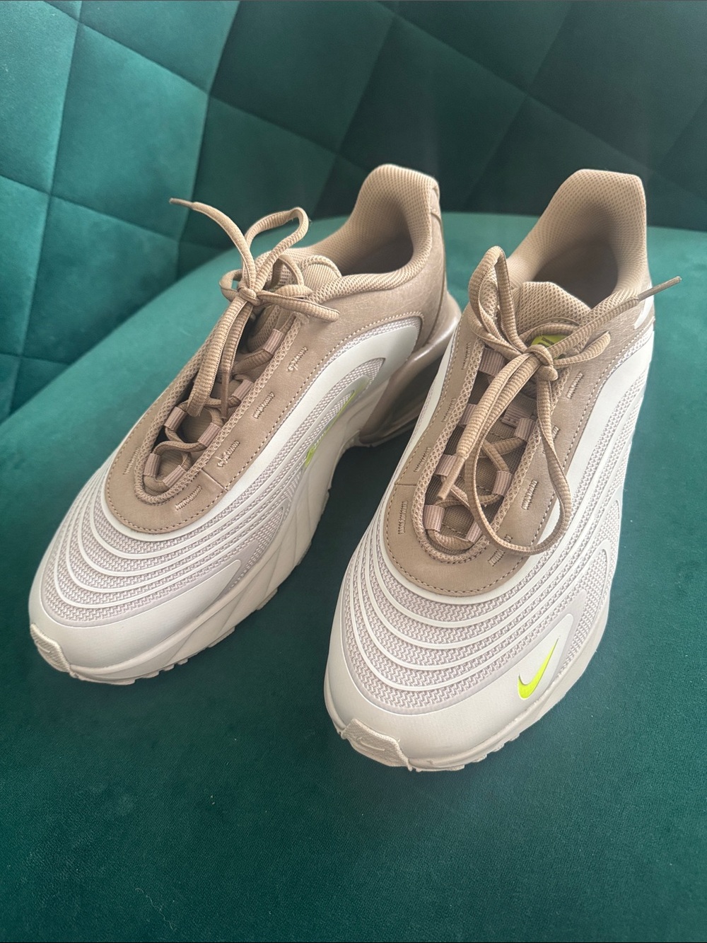 New Nike Air Max Fire Beige, White and Neon Yellow Athletic Sneakers